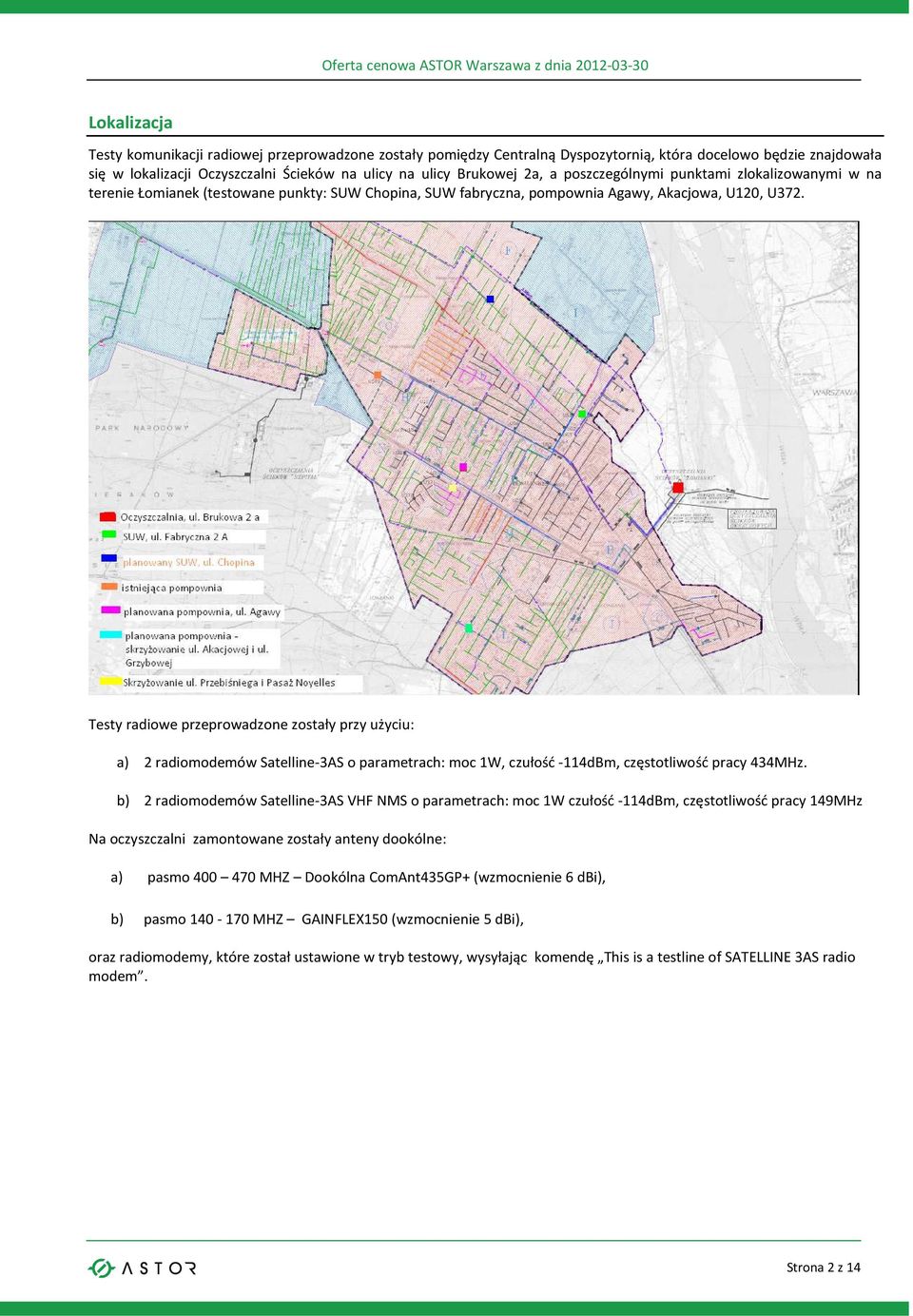 Testy radiowe przeprowadzone zostały przy użyciu: a) 2 radiomodemów Satelline-3AS o parametrach: moc 1W, czułość -114dBm, częstotliwość pracy 434MHz.