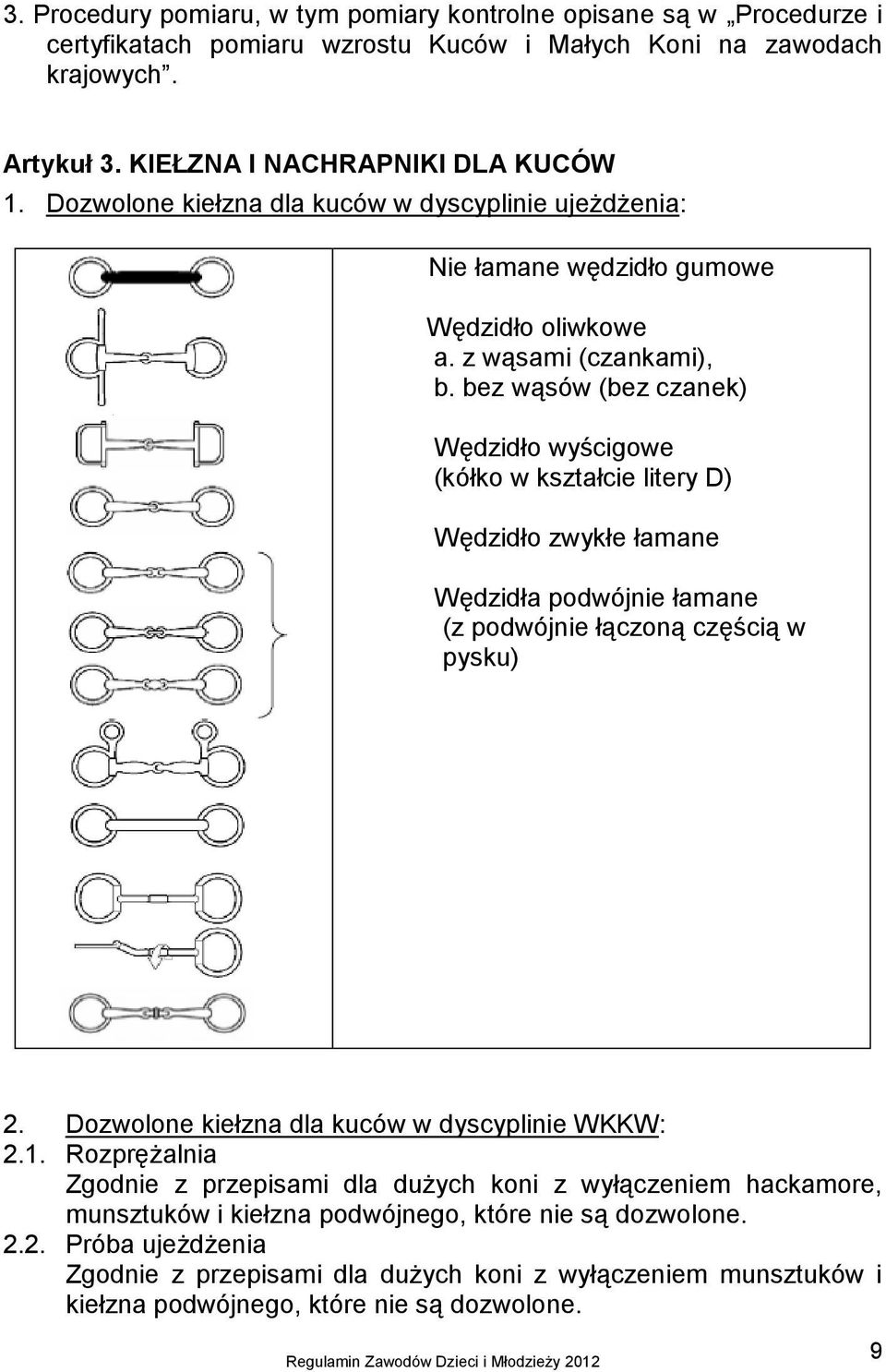 bez wąsów (bez czanek) Wędzidło wyścigowe (kółko w kształcie litery D) Wędzidło zwykłe łamane Wędzidła podwójnie łamane (z podwójnie łączoną częścią w pysku) 2.