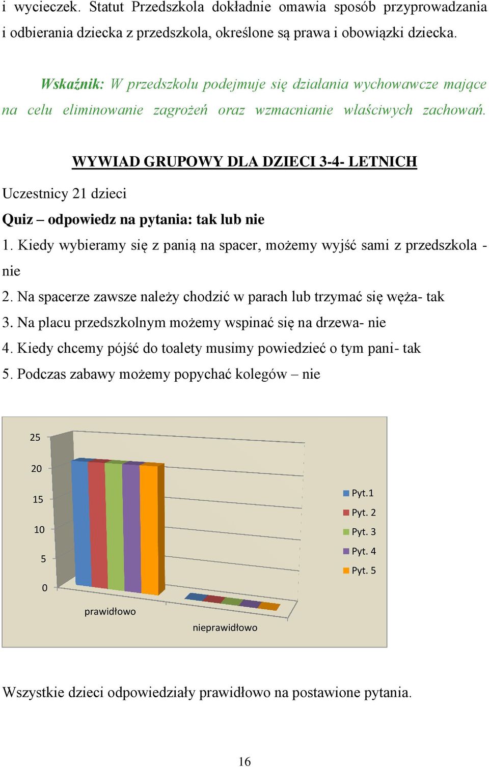 WYWIAD GRUPOWY DLA DZIECI 3-4- LETNICH Uczestnicy 21 dzieci Quiz odpowiedz na pytania: tak lub nie 1. Kiedy wybieramy się z panią na spacer, możemy wyjść sami z przedszkola - nie 2.