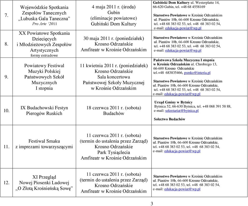 Polskiej Państwowych Szkół Muzycznych I stopnia 4 maja 2011 r. (środa) 30 maja 2011 r. (poniedziałek) Amfiteatr w Krośnie Odrzańskim 11 kwietnia 2011 r.