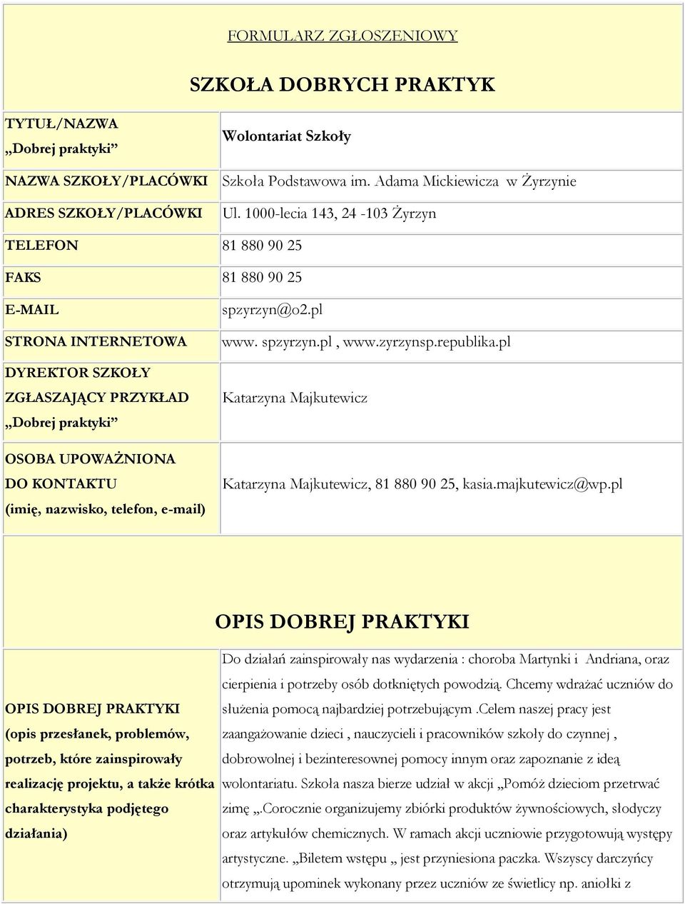 telefon, e-mail) spzyrzyn@o2.pl www. spzyrzyn.pl, www.zyrzynsp.republika.pl Katarzyna Majkutewicz Katarzyna Majkutewicz, 81 880 90 25, kasia.majkutewicz@wp.