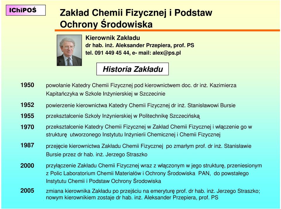 Kazimierza Kapitańczyka w Szkole InŜynierskiej w Szczecinie powierzenie kierownictwa Katedry Chemii Fizycznej dr inŝ.