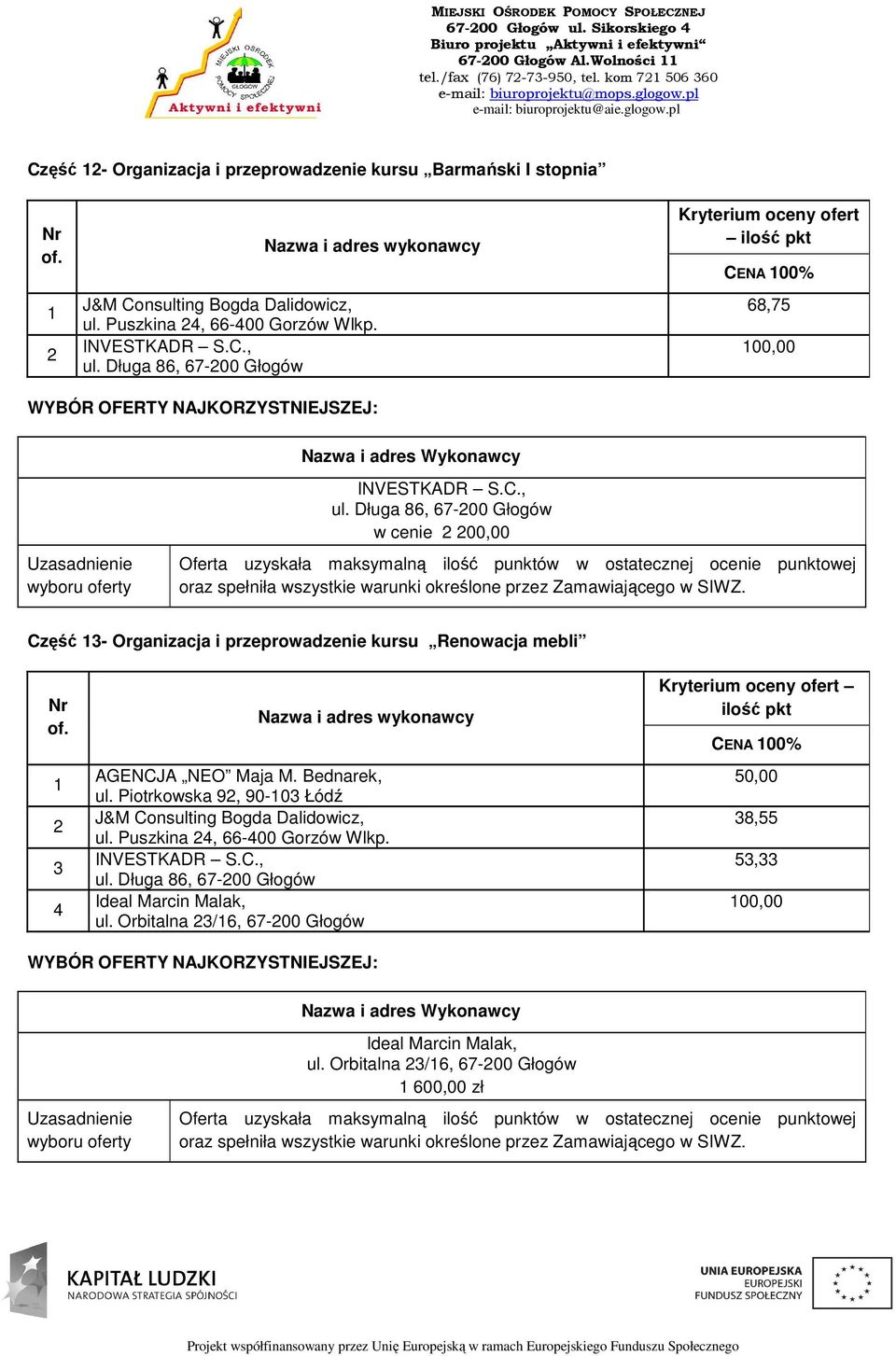 Długa 86, 67-00 Głogów Kryterium oceny ofert CENA 00% 68,75 00,00 INVESTKADR S.C., ul.