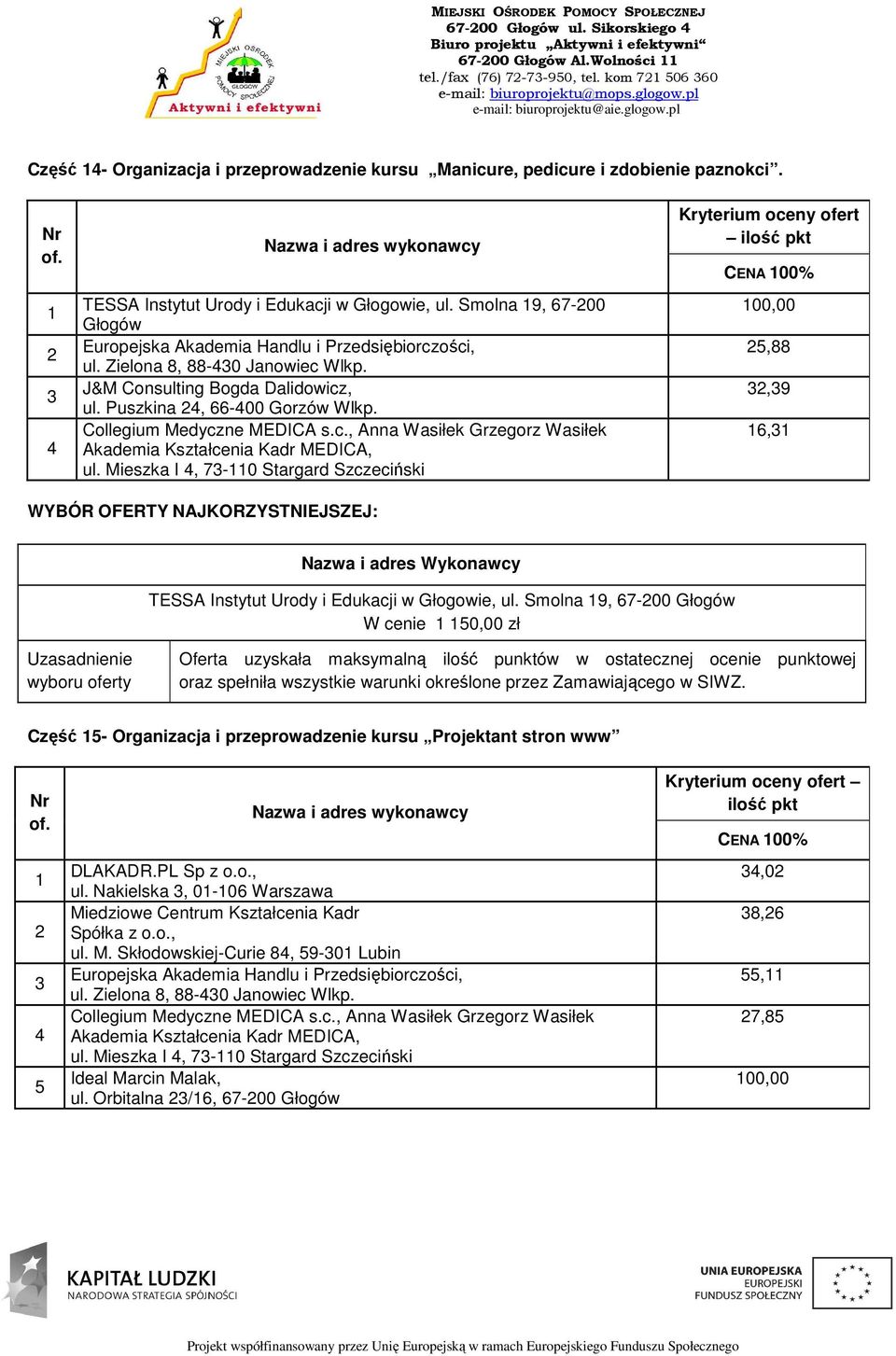 Smolna 9, 67-00 Głogów W cenie 50,00 zł Część 5- Organizacja i przeprowadzenie kursu Projektant stron www 5 ul. Nakielska, 0-06 Warszawa Mi