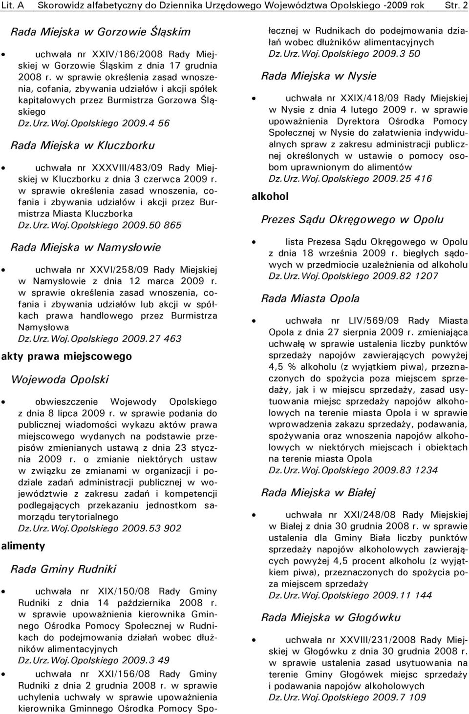 w sprawie określenia zasad wnoszenia, cofania, zbywania udziałów i akcji spółek kapitałowych przez Burmistrza Gorzowa Śląskiego Dz.Urz.Woj.Opolskiego 2009.