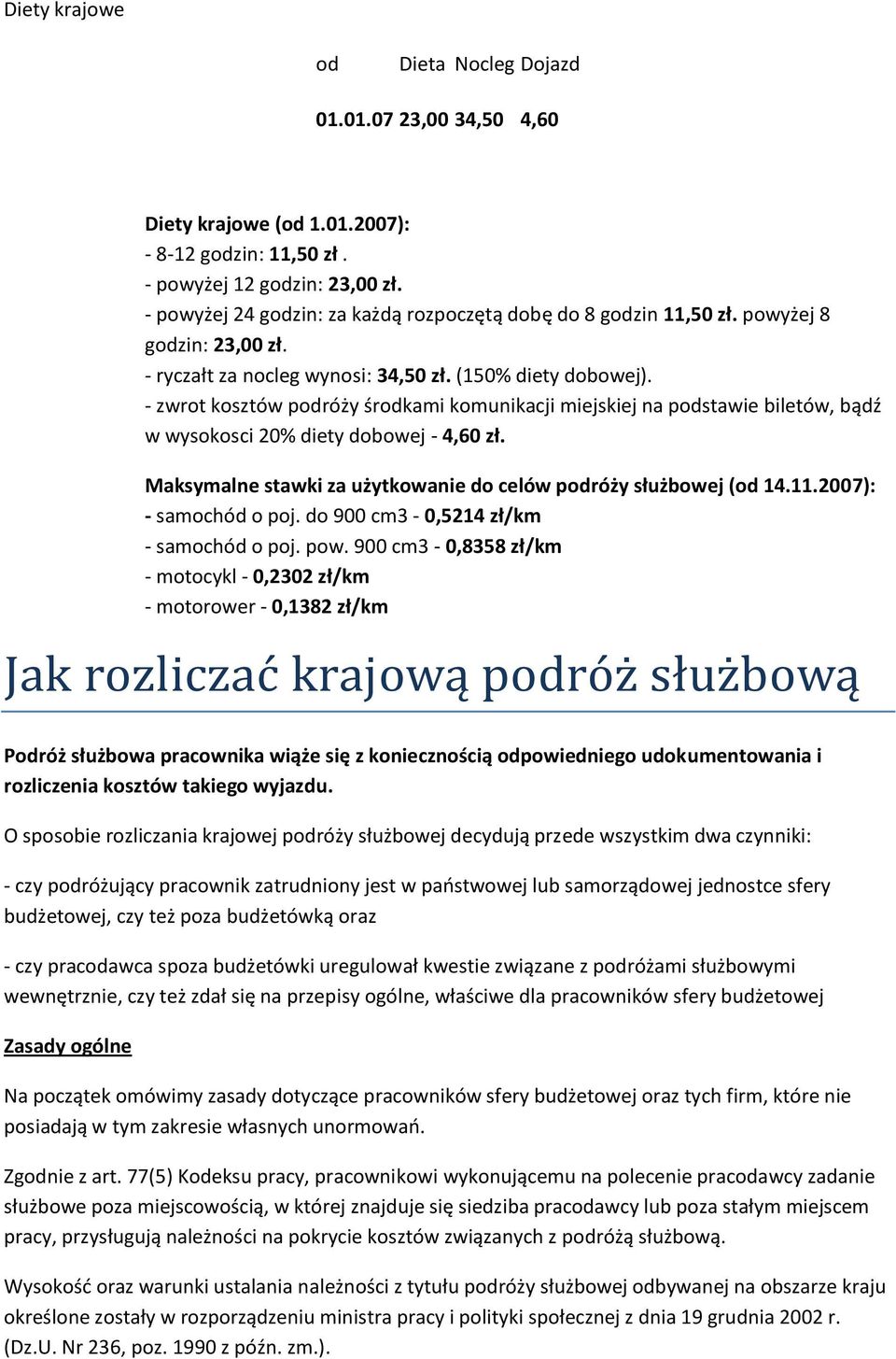 - zwrot kosztów podróży środkami komunikacji miejskiej na podstawie biletów, bądź w wysokosci 20% diety dobowej - 4,60 zł. Maksymalne stawki za użytkowanie do celów podróży służbowej (od 14.11.