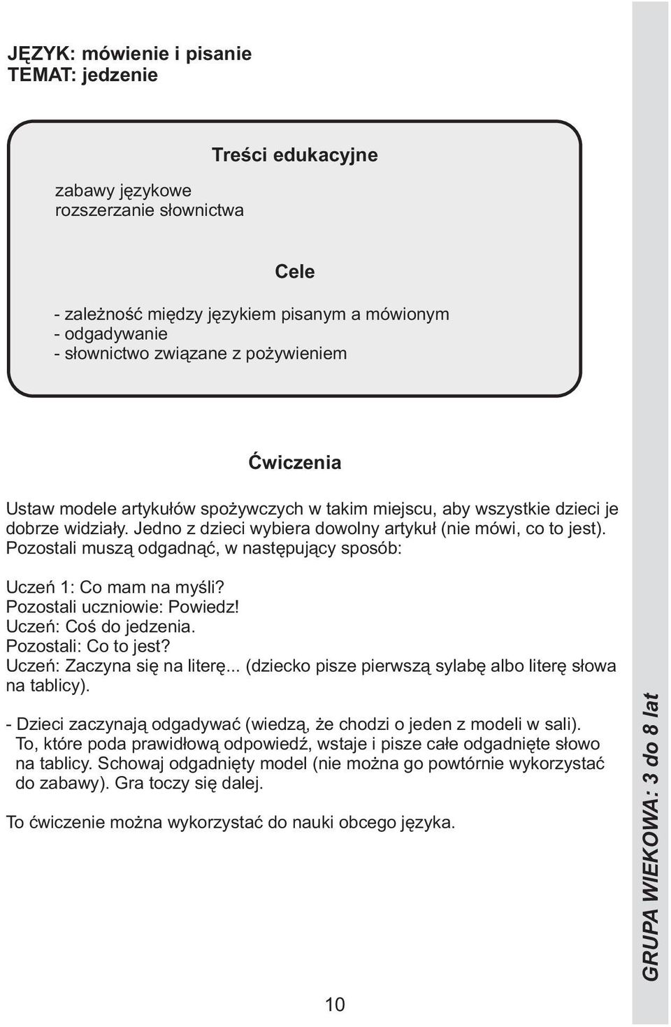 Uczeń: Coś do jedzenia. Pozostali: Co to jest? Uczeń: Zaczyna się na literę... (dziecko pisze pierwszą sylabę albo literę słowa na tablicy).