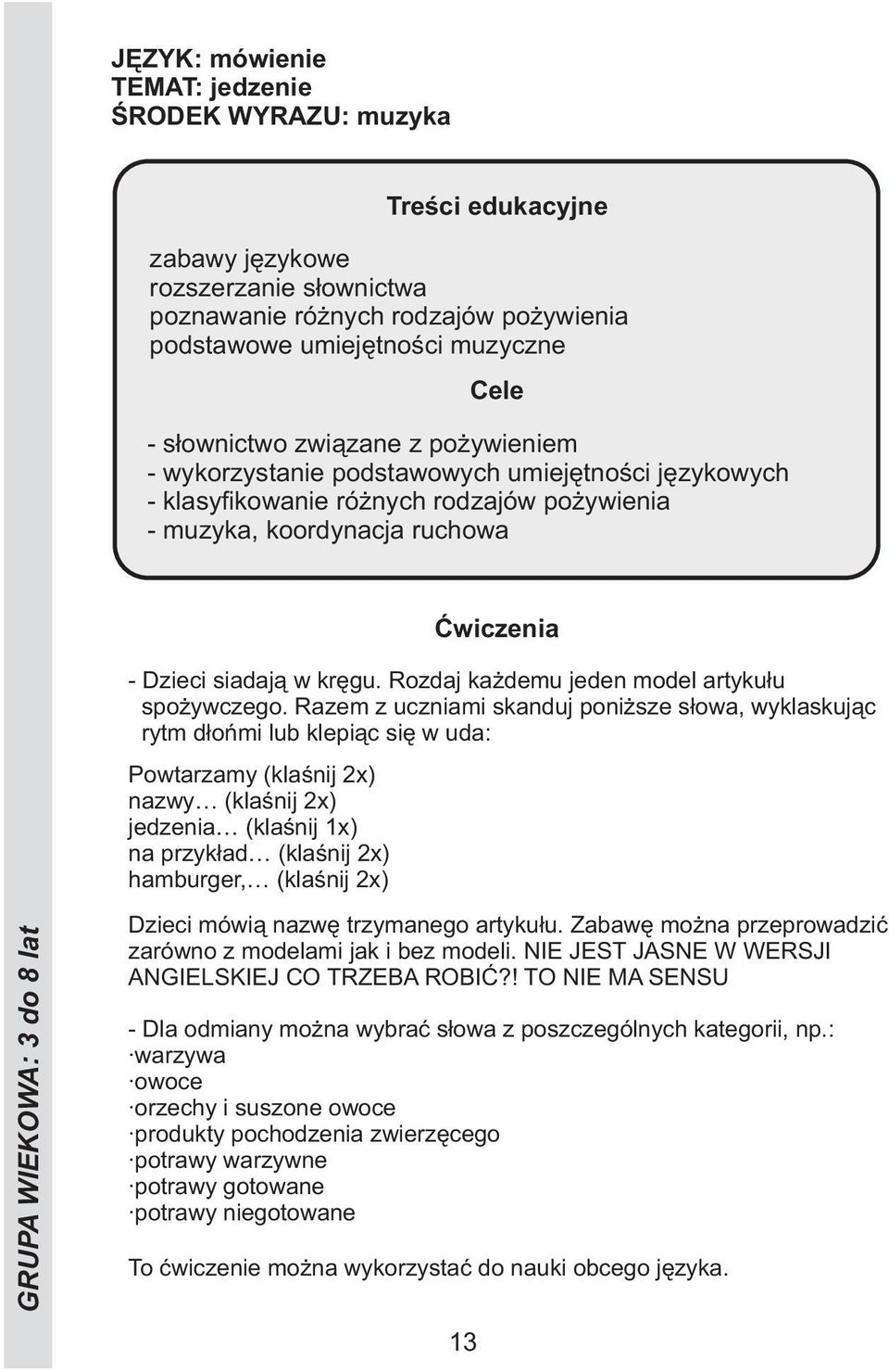 Razem z uczniami skanduj poniższe słowa, wyklaskując rytm dłońmi lub klepiąc się w uda: Powtarzamy (klaśnij 2x) nazwy (klaśnij 2x) jedzenia (klaśnij 1x) na przykład (klaśnij 2x) hamburger, (klaśnij