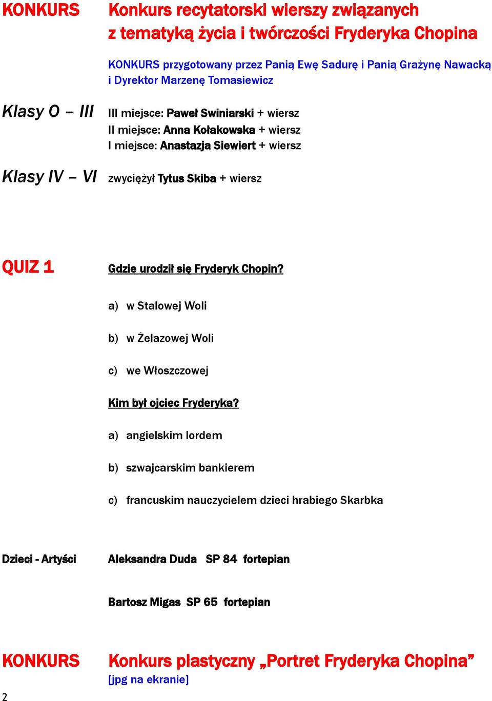 Gdzie urodził się Fryderyk Chopin? a) w Stalowej Woli b) w Żelazowej Woli c) we Włoszczowej Kim był ojciec Fryderyka?