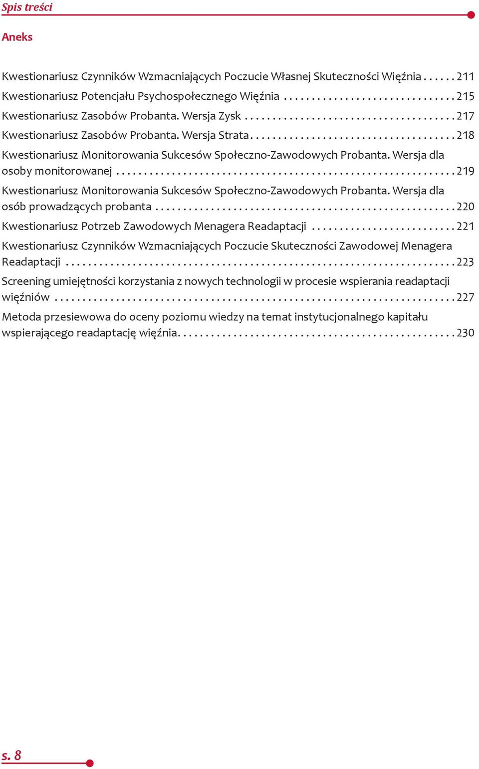 .. 219 Kwestionariusz Monitorowania Sukcesów Społeczno-Zawodowych Probanta. Wersja dla osób prowadzących probanta... 220 Kwestionariusz Potrzeb Zawodowych Menagera Readaptacji.