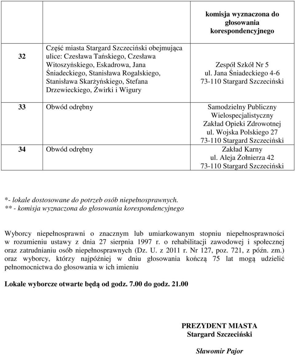 Aleja Żołnierza 42 - lokale dostosowane do potrzeb. - Wyborcy niepełnosprawni o znacznym lub umiarkowanym stopniu niepełnosprawności w rozumieniu ustawy z dnia 27 sierpnia 1997 r.