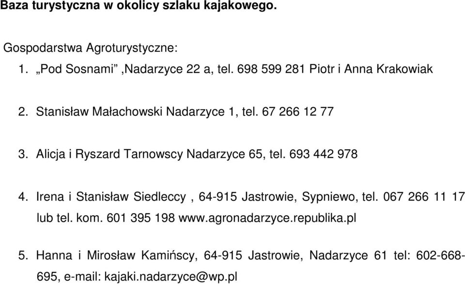 Alicja i Ryszard Tarnowscy Nadarzyce 65, tel. 693 442 978 4. Irena i Stanisław Siedleccy, 64-915 Jastrowie, Sypniewo, tel.