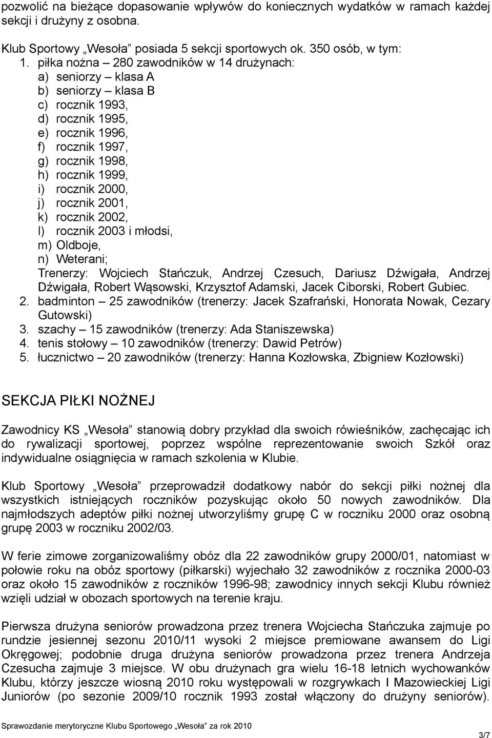 2000, j) rocznik 2001, k) rocznik 2002, l) rocznik 2003 i młodsi, m) Oldboje, n) Weterani; Trenerzy: Wojciech Stańczuk, Andrzej Czesuch, Dariusz Dźwigała, Andrzej Dźwigała, Robert Wąsowski, Krzysztof