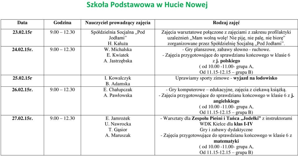 Nie piję, nie palę, nie biorę zorganizowane przez Spółdzielnię Socjalną Pod Jodłami. - Gry planszowe, zabawy słowno - ruchowe. - Zajęcia przygotowujące do sprawdzianu końcowego w klasie 6 z j.