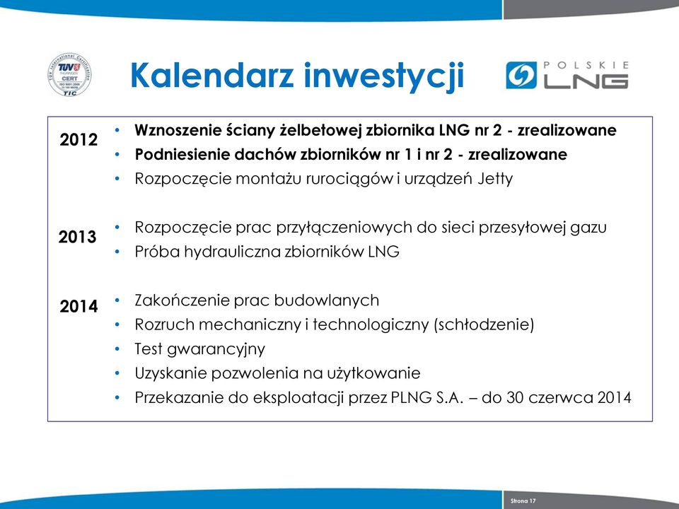 przesyłowej gazu Próba hydrauliczna zbiorników LNG 2014 Zakończenie prac budowlanych Rozruch mechaniczny i technologiczny