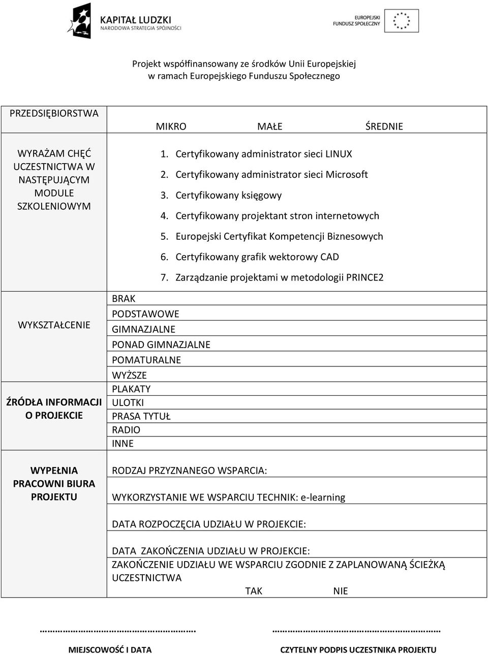 Zarządzanie projektami w metodologii PRINCE2 WYKSZTAŁCENIE ŹRÓDŁA INFORMACJI O PROJEKCIE WYPEŁNIA PRACOWNI BIURA PROJEKTU BRAK PODSTAWOWE GIMNAZJALNE PONAD GIMNAZJALNE POMATURALNE WYŻSZE PLAKATY