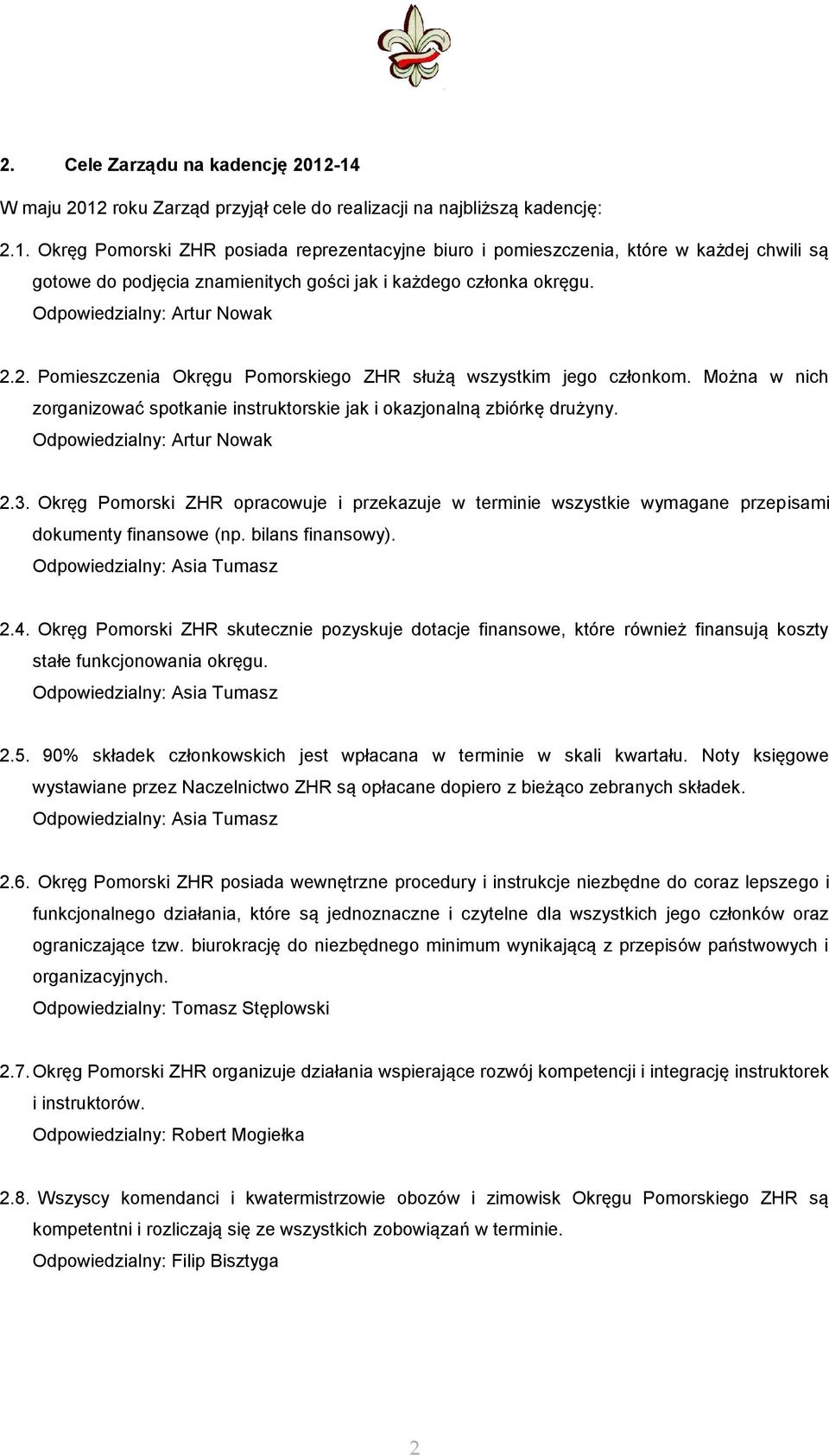 Odpowiedzialny: Artur Nowak 2.3. Okręg Pomorski ZHR opracowuje i przekazuje w terminie wszystkie wymagane przepisami dokumenty finansowe (np. bilans finansowy). Odpowiedzialny: Asia Tumasz 2.4.