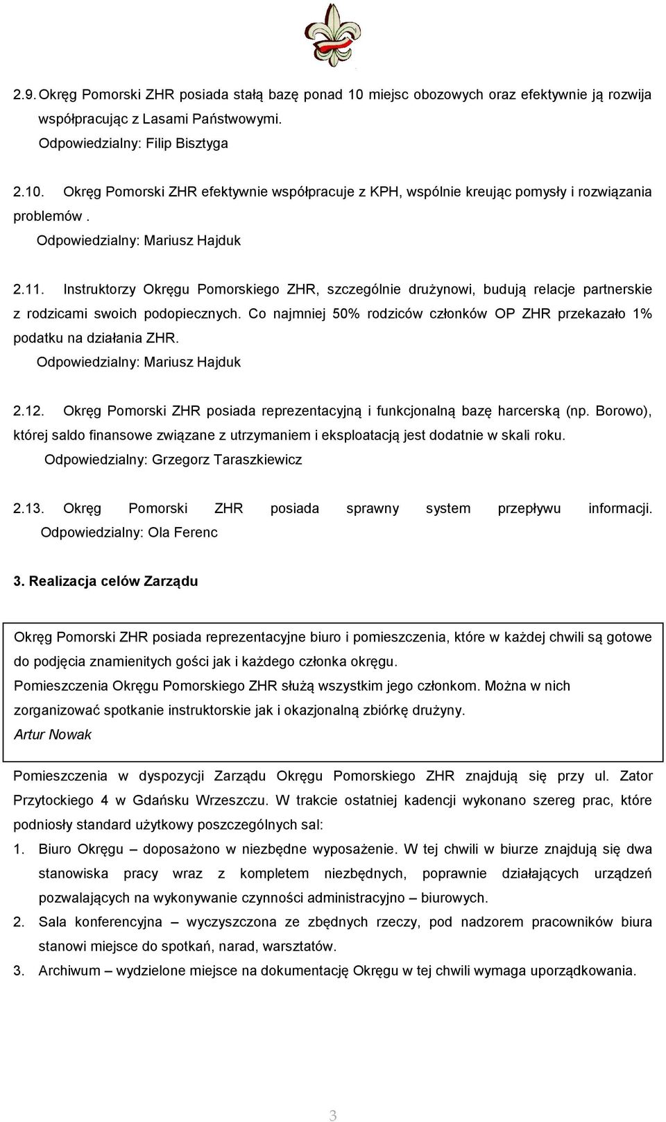 Co najmniej 50% rodziców członków OP ZHR przekazało 1% podatku na działania ZHR. Odpowiedzialny: Mariusz Hajduk 2.12. Okręg Pomorski ZHR posiada reprezentacyjną i funkcjonalną bazę harcerską (np.