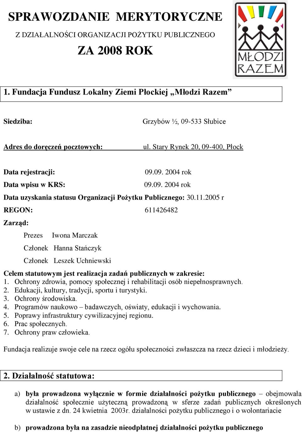 09. 2004 rok Data uzyskania statusu Organizacji Pożytku Publicznego: 30.11.