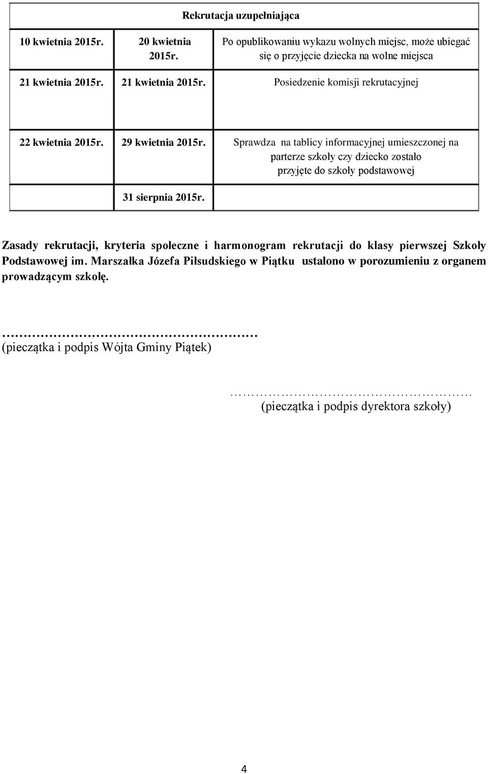 29 kwietnia 2015r. Sprawdza na tablicy informacyjnej umieszczonej na parterze szkoły czy dziecko zostało przyjęte do szkoły podstawowej 31 sierpnia 2015r.