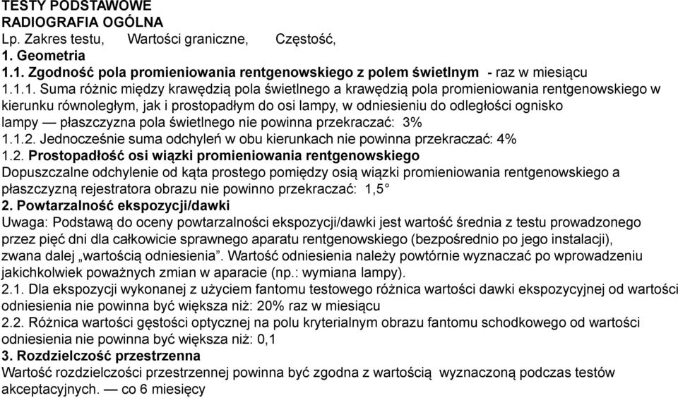 1. Zgodność pola promieniowania rentgenowskiego z polem świetlnym - raz w miesiącu 1.1.1. Suma różnic między krawędzią pola świetlnego a krawędzią pola promieniowania rentgenowskiego w kierunku