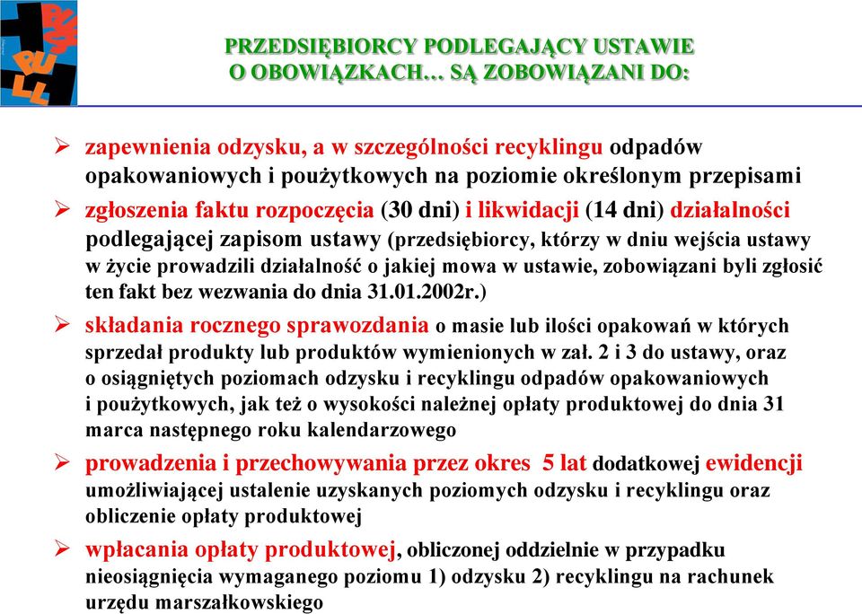 ustawie, zobowiązani byli zgłosić ten fakt bez wezwania do dnia 31.01.2002r.) składania rocznego sprawozdania o masie lub ilości opakowań w których sprzedał produkty lub produktów wymienionych w zał.