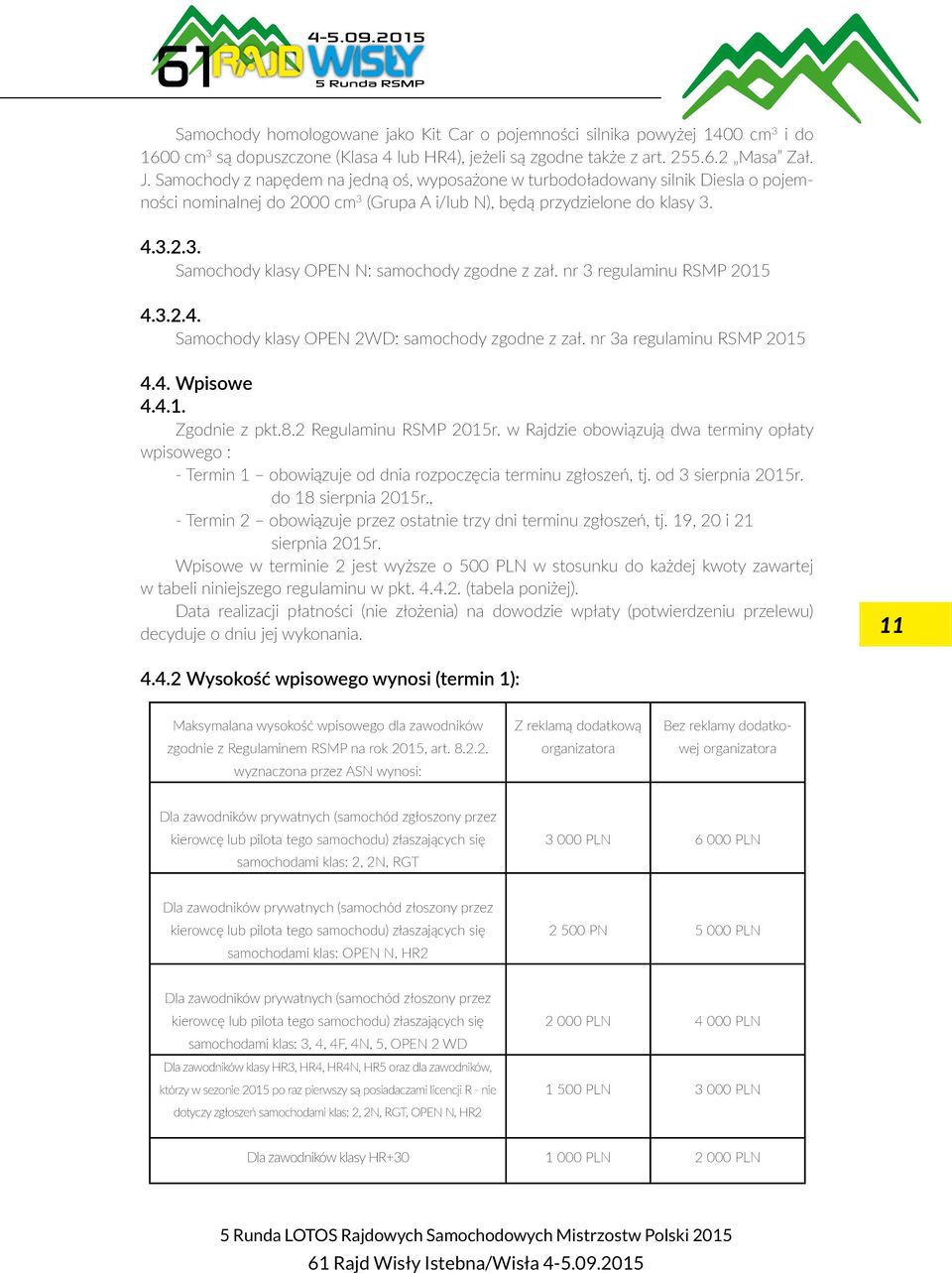 nr 3 regulaminu RSMP 2015 4.3.2.4. Samochody klasy OPEN 2WD: samochody zgodne z zał. nr 3a regulaminu RSMP 2015 4.4. Wpisowe 4.4.1. Zgodnie z pkt.8.2 Regulaminu RSMP 2015r.