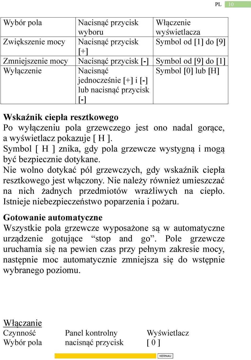 Symbol [ H ] znika, gdy pola grzewcze wystygną i mogą być bezpiecznie dotykane. Nie wolno dotykać pól grzewczych, gdy wskaźnik ciepła resztkowego jest włączony.
