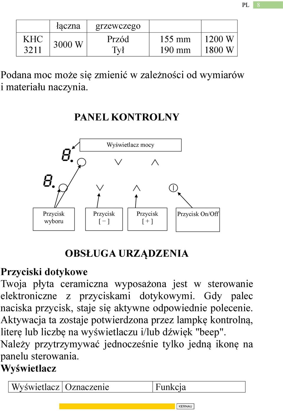 jest w sterowanie elektroniczne z przyciskami dotykowymi. Gdy palec naciska przycisk, staje się aktywne odpowiednie polecenie.
