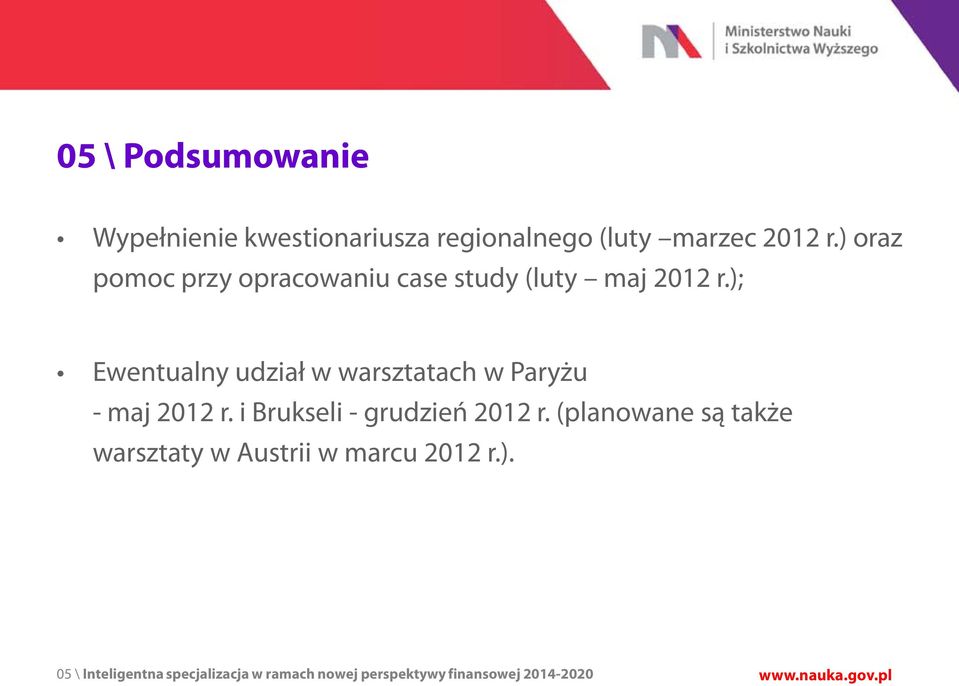 ); Ewentualny udział w warsztatach w Paryżu - maj 2012 r. i Brukseli - grudzień 2012 r.