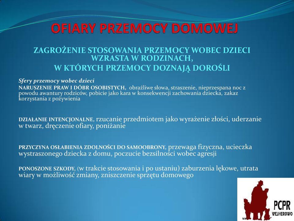 rzucanie przedmiotem jako wyrażenie złości, uderzanie w twarz, dręczenie ofiary, poniżanie PRZYCZYNA OSŁABIENIA ZDOLNOŚCI DO SAMOOBRONY, przewaga fizyczna, ucieczka