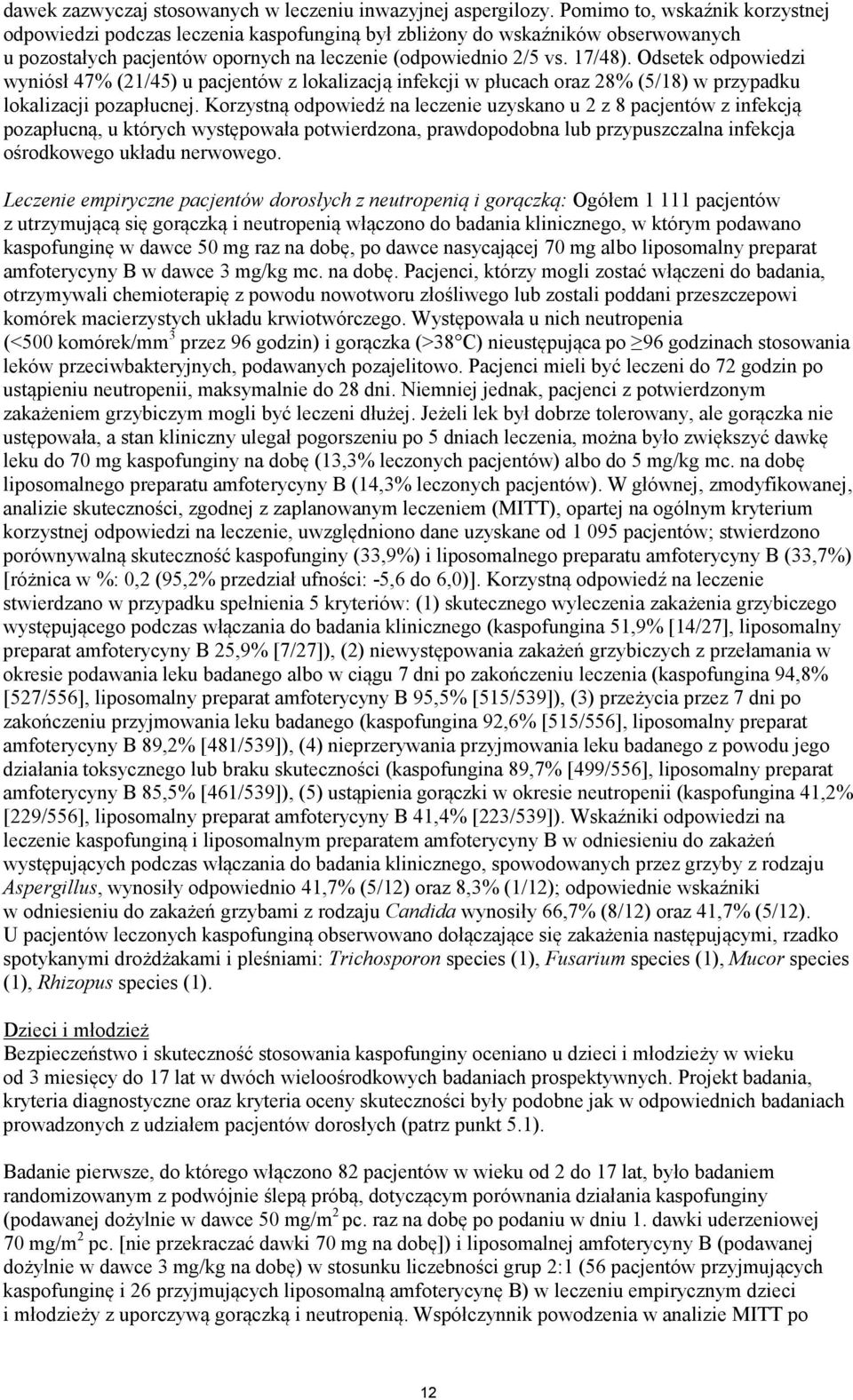 Odsetek odpowiedzi wyniósł 47% (21/45) u pacjentów z lokalizacją infekcji w płucach oraz 28% (5/18) w przypadku lokalizacji pozapłucnej.