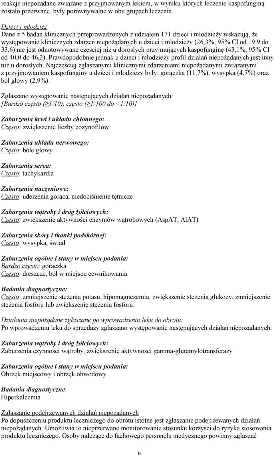 do 33,6) nie jest odnotowywane częściej niż u dorosłych przyjmujących kaspofunginę (43,1%; 95% CI od 40,0 do 46,2).