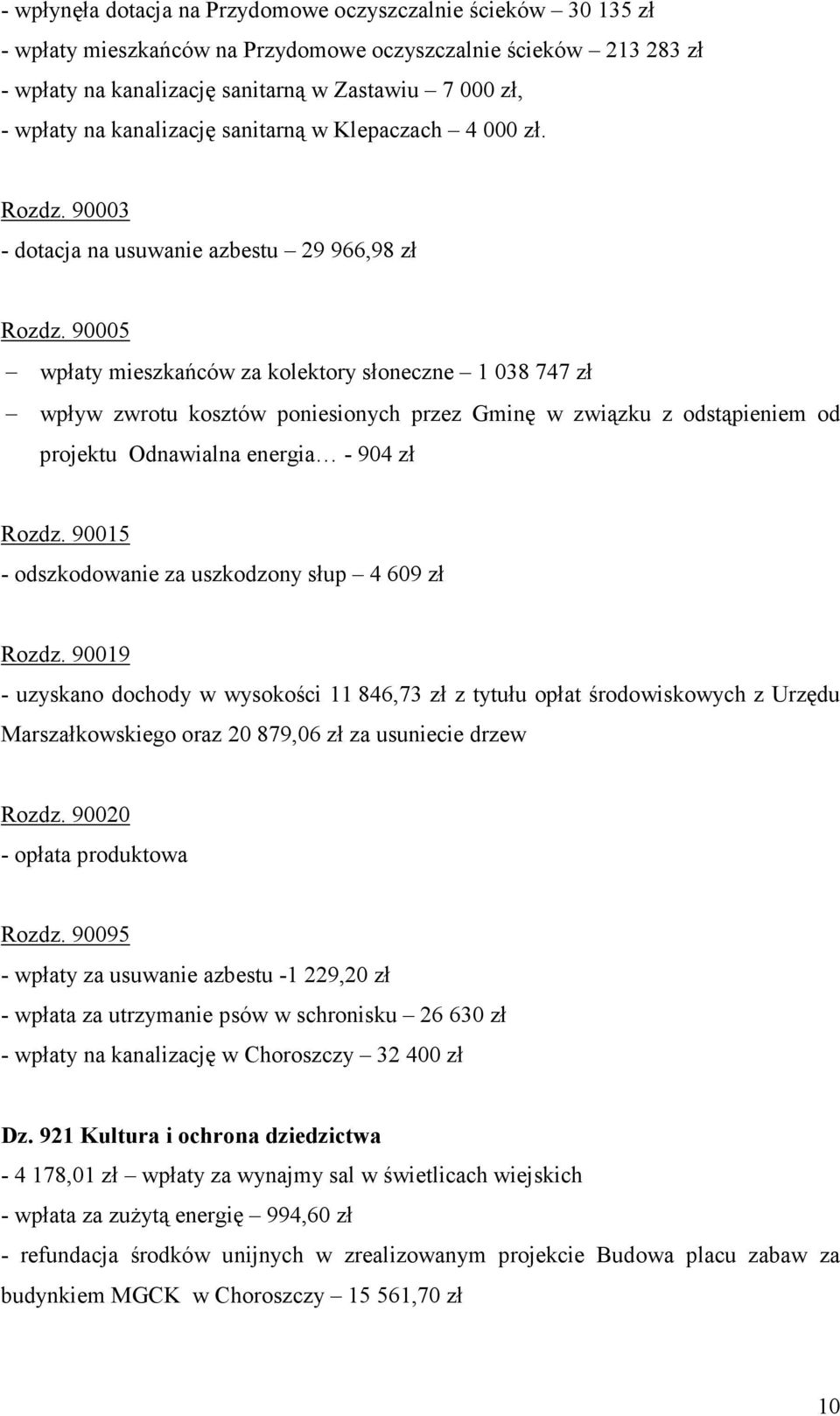 90005 wpłaty mieszkańców za kolektory słoneczne 1 038 747 zł wpływ zwrotu kosztów poniesionych przez Gminę w związku z odstąpieniem od projektu Odnawialna energia - 904 zł Rozdz.