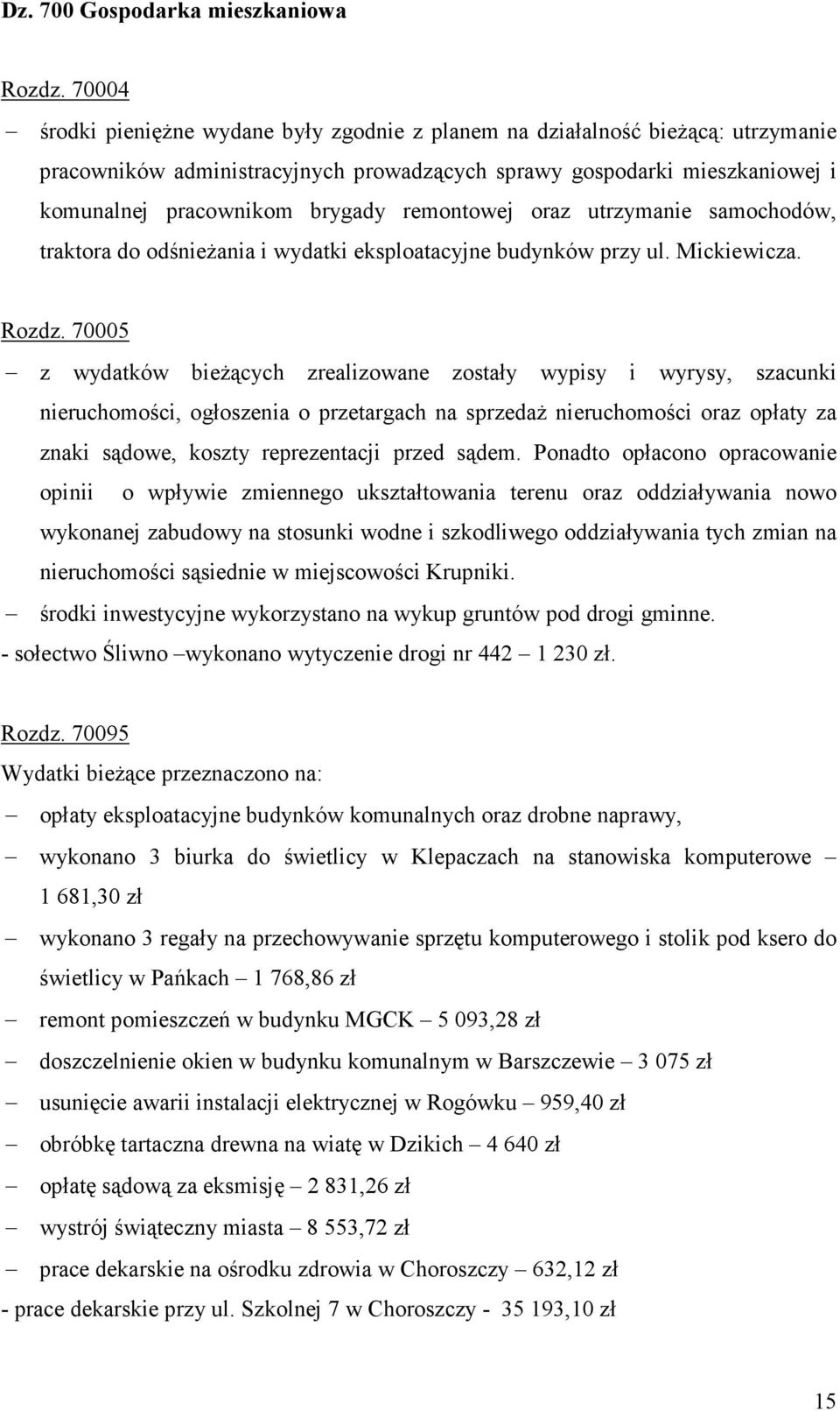 remontowej oraz utrzymanie samochodów, traktora do odśnieżania i wydatki eksploatacyjne budynków przy ul. Mickiewicza. Rozdz.