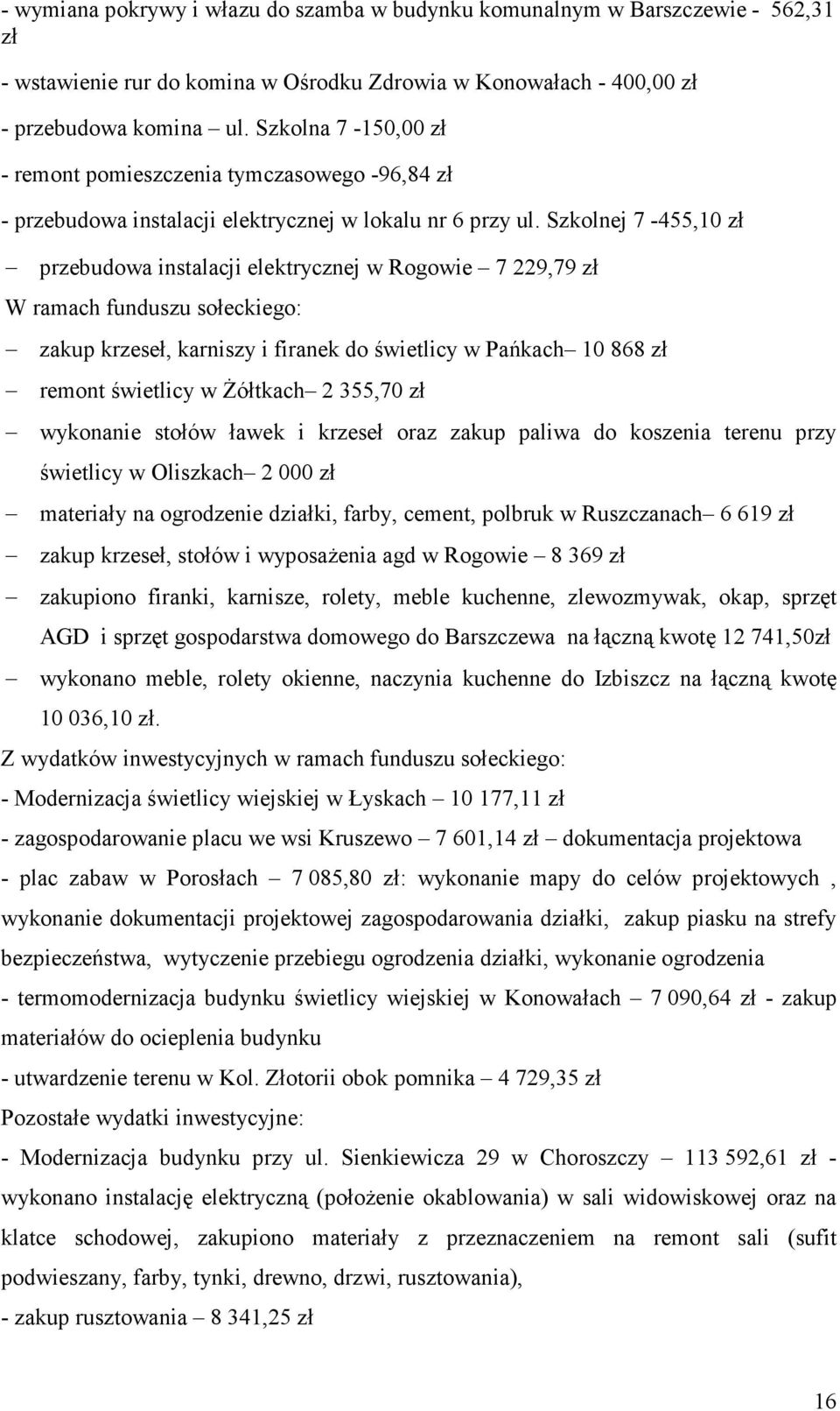 Szkolnej 7-455,10 zł przebudowa instalacji elektrycznej w Rogowie 7 229,79 zł W ramach funduszu sołeckiego: zakup krzeseł, karniszy i firanek do świetlicy w Pańkach 10 868 zł remont świetlicy w