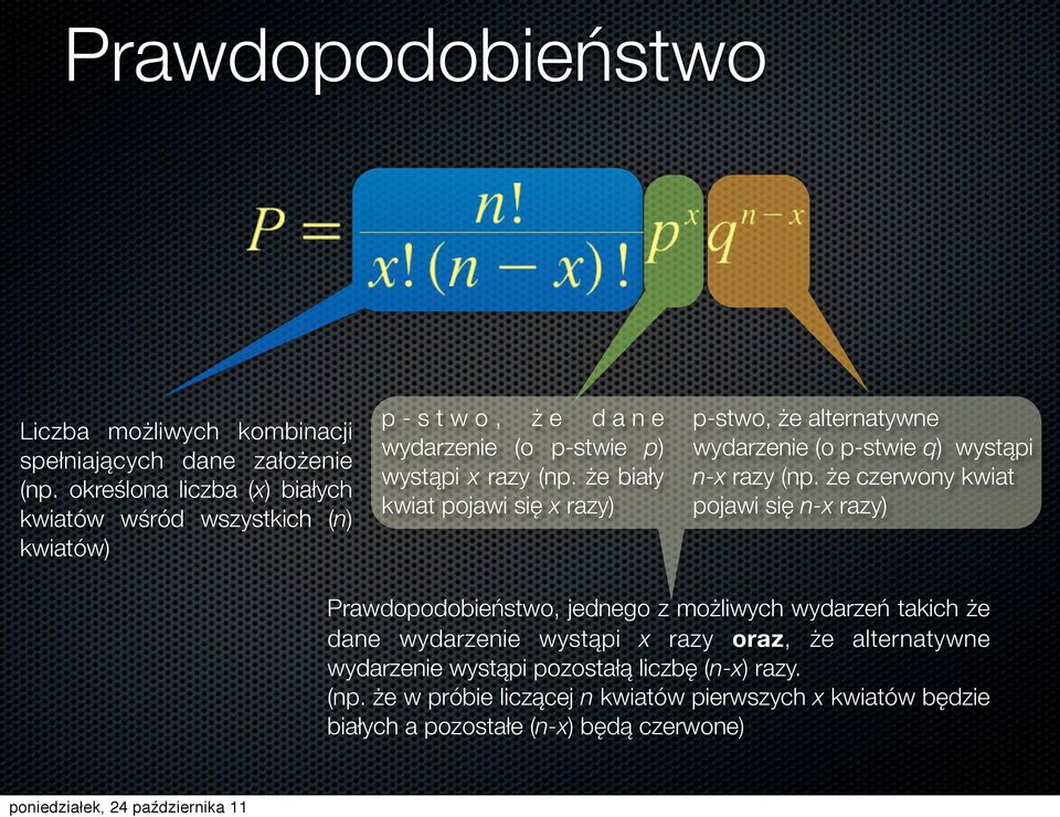 że biały kwiat pojawi się x razy) p-stwo, że alternatywne wydarzenie (o p-stwie q) wystąpi n-x razy (np.