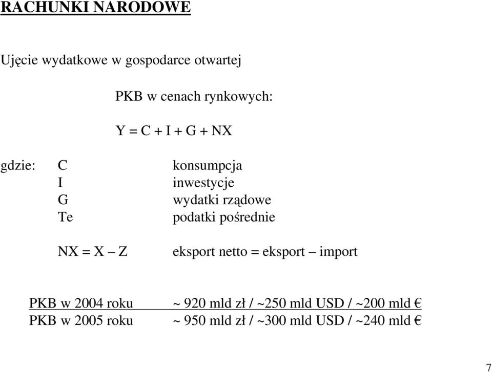 pośrednie NX = X Z eksport netto = eksport import PKB w 2004 roku ~ 920 mld zł /