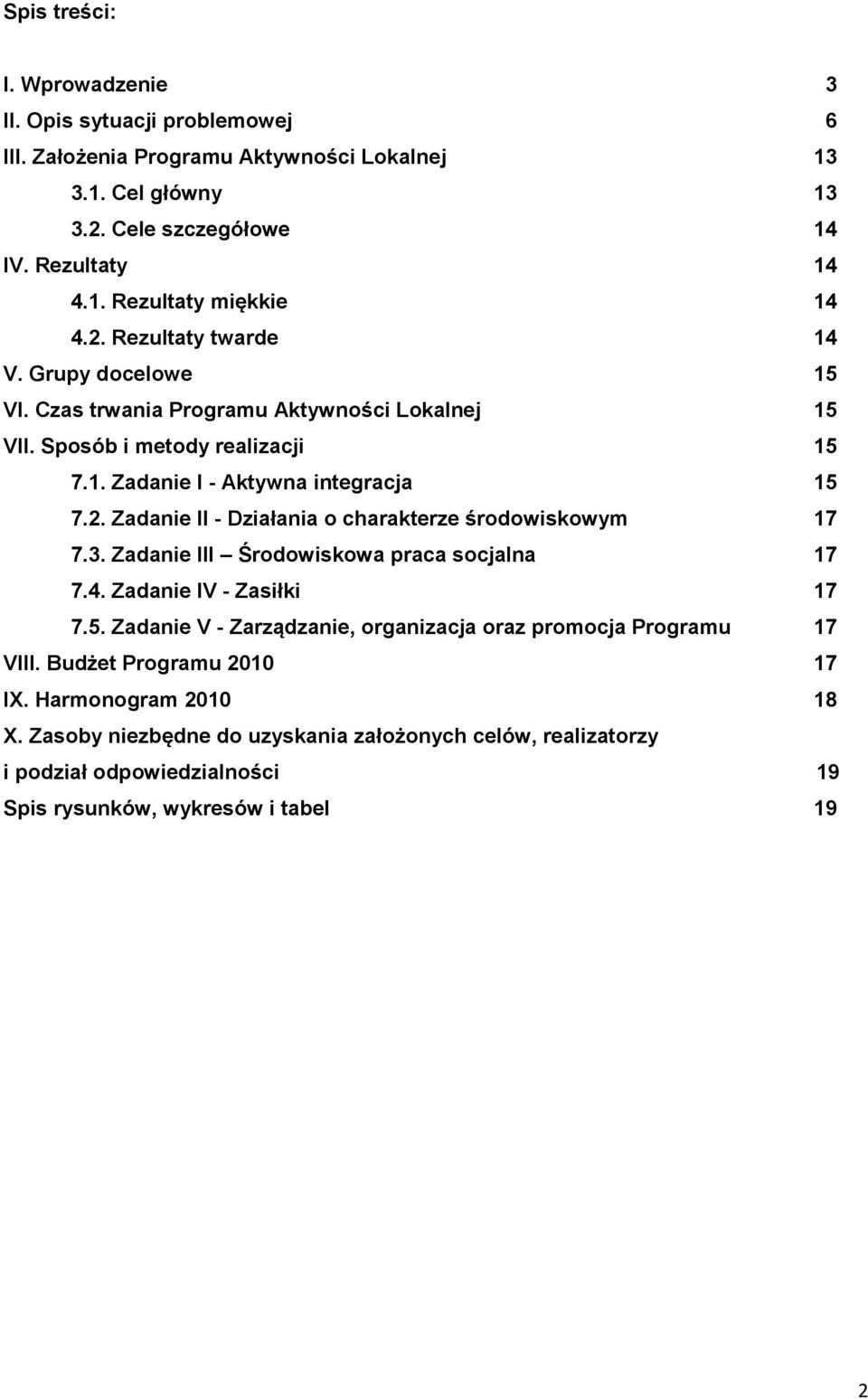 3. Zadanie III Środowiskowa praca socjalna 17 7.4. Zadanie IV - Zasiłki 17 7.5. Zadanie V - Zarządzanie, organizacja oraz promocja Programu 17 VIII. Budżet Programu 2010 17 IX.
