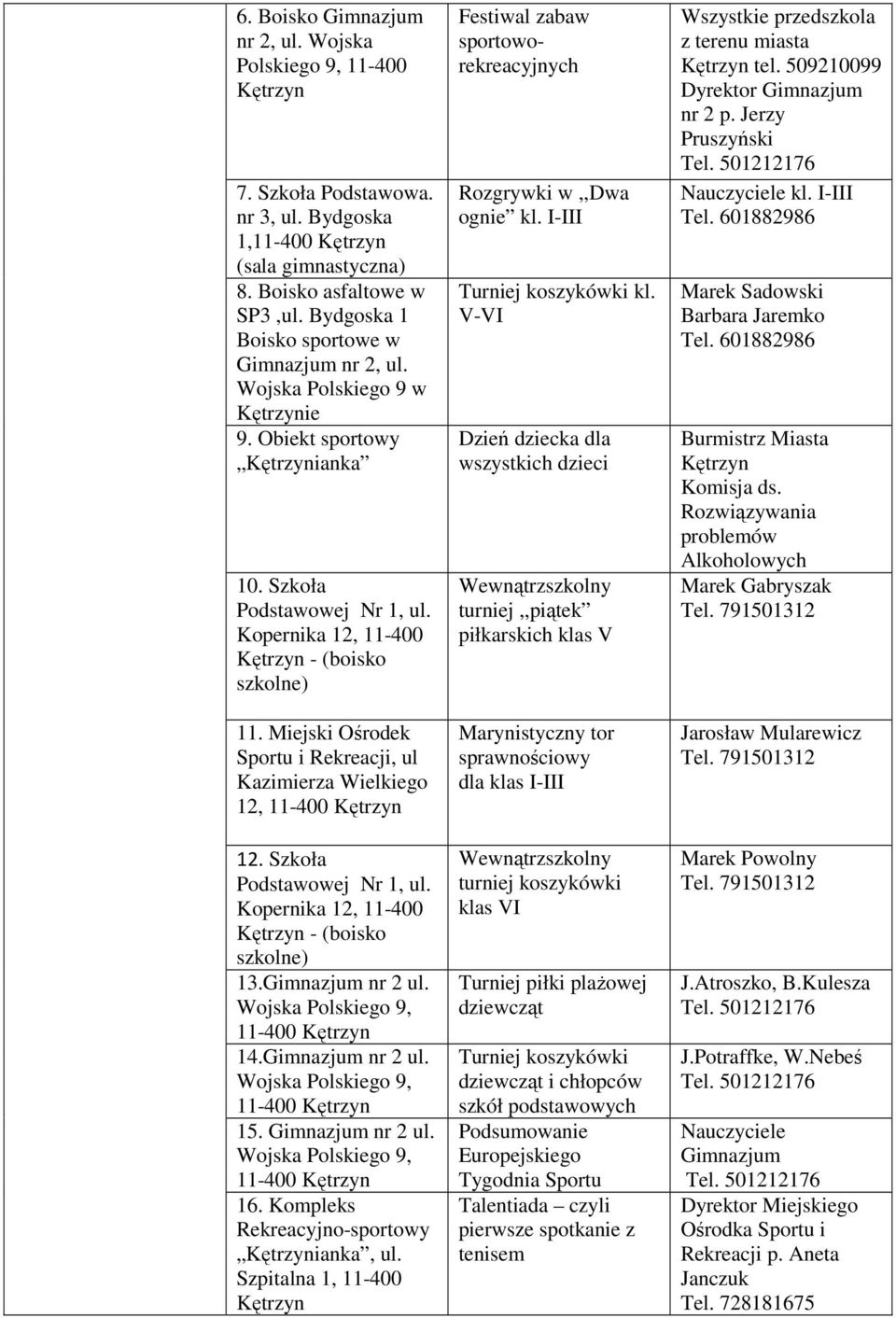 Gimnazjum nr 2 ul. 14.Gimnazjum nr 2 ul. 15. Gimnazjum nr 2 ul. 16. Kompleks Rekreacyjno-sportowy ianka, ul. Szpitalna 1, 11-400 Festiwal zabaw sportoworekreacyjnych Rozgrywki w,,dwa ognie kl.