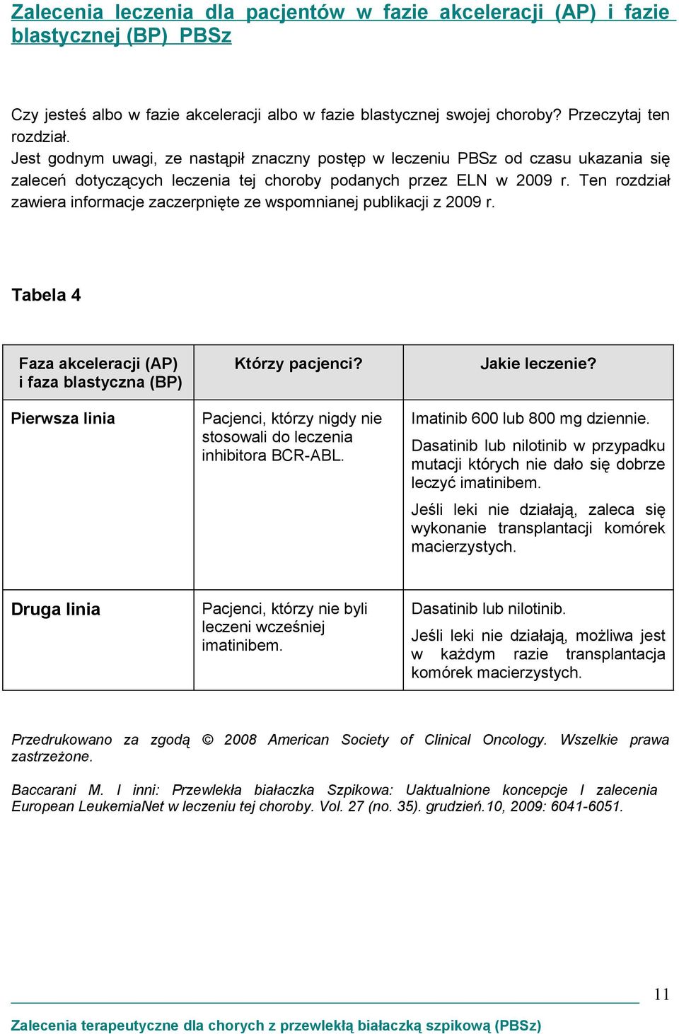 Ten rozdział zawiera informacje zaczerpnięte ze wspomnianej publikacji z 2009 r. Tabela 4 Faza akceleracji (AP) i faza blastyczna (BP) Pierwsza linia Którzy pacjenci?