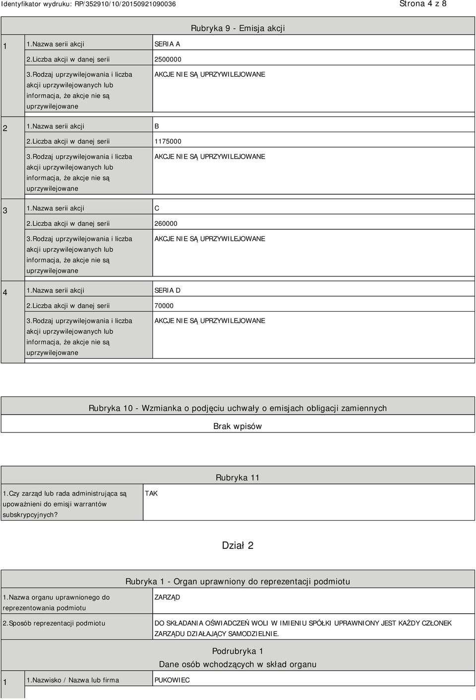 Rodzaj uprzywilejowania i liczba akcji uprzywilejowanych lub informacja, że akcje nie są uprzywilejowane AKCJE SĄ UPRZYWILEJOWANE 3 1.Nazwa serii akcji C 2.Liczba akcji w danej serii 260000 3.