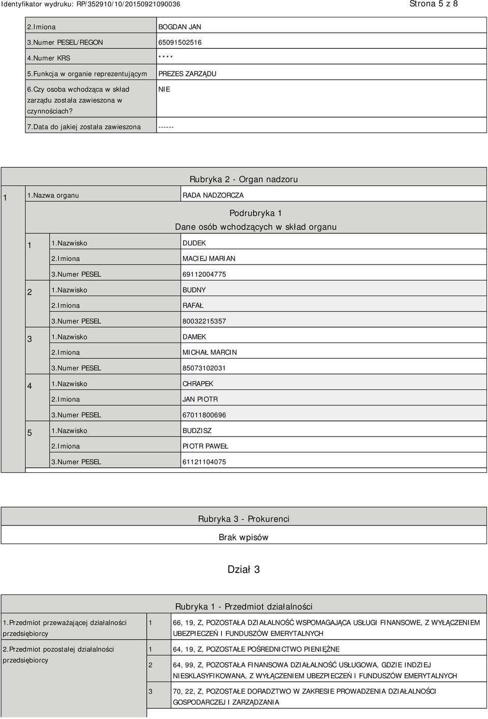 Numer PESEL 69112004775 2 1.Nazwisko BUDNY RAFAŁ 3.Numer PESEL 80032215357 3 1.Nazwisko DAMEK MICHAŁ MARCIN 3.Numer PESEL 85073102031 4 1.Nazwisko CHRAPEK JAN PIOTR 3.Numer PESEL 67011800696 5 1.