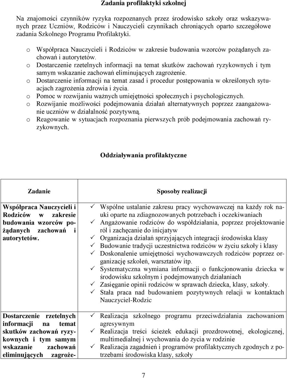 o Dostarczenie rzetelnych informacji na temat skutków zachowań ryzykownych i tym samym wskazanie zachowań eliminujących zagrożenie.