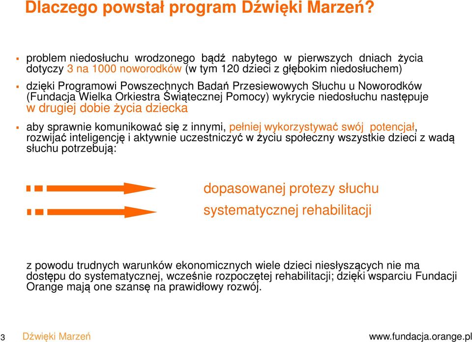 Słuchu u Noworodków (Fundacja Wielka Orkiestra Świątecznej Pomocy) wykrycie niedosłuchu następuje w drugiej dobie życia dziecka aby sprawnie komunikować się z innymi, pełniej wykorzystywać swój