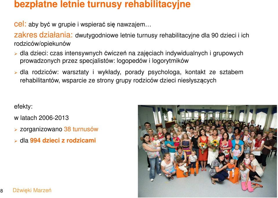 przez specjalistów: logopedów i logorytmików dla rodziców: warsztaty i wykłady, porady psychologa, kontakt ze sztabem rehabilitantów, wsparcie ze