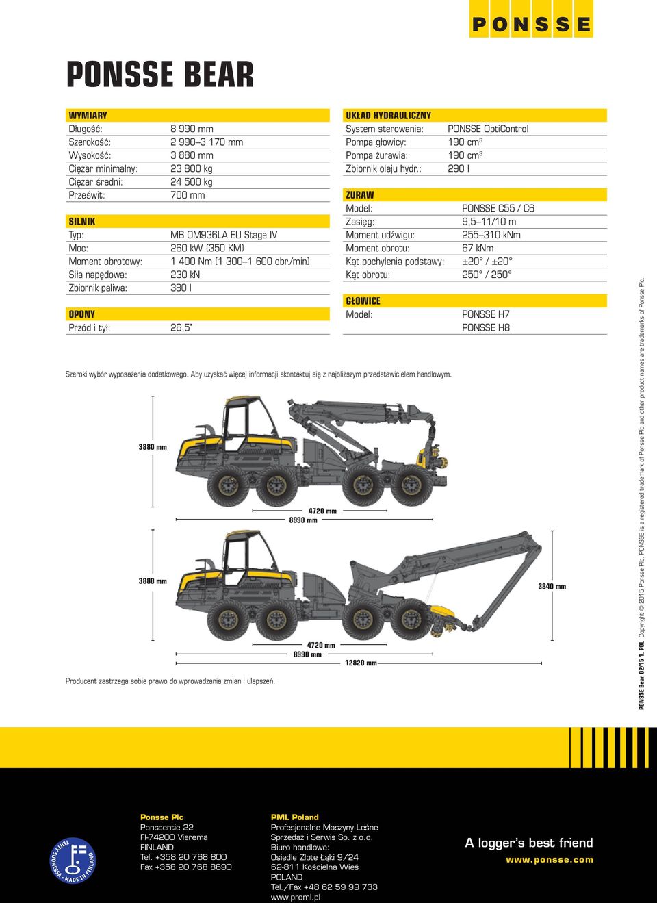 /min) 230 kn 380 l UKŁAD HYDRAULICZNY System sterowania: PONSSE OptiControl Pompa głowicy: 190 cm 3 Pompa żurawia: 190 cm 3 Zbiornik oleju hydr.