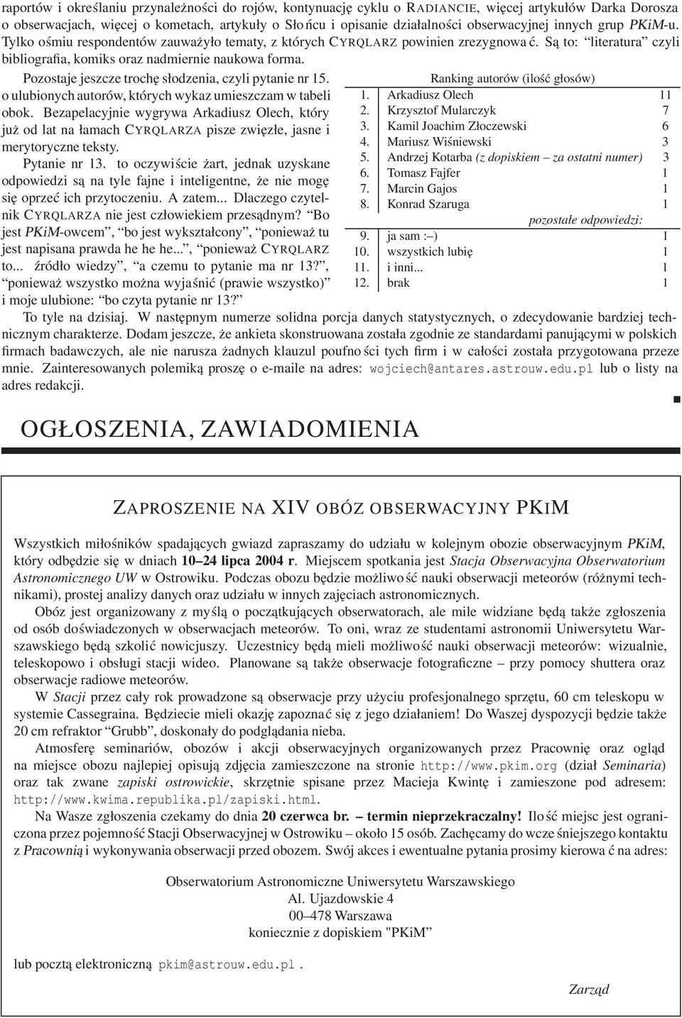 Pozostaje jeszcze trochę słodzenia, czyli pytanie nr 15. o ulubionych autorów, których wykaz umieszczam w tabeli obok.