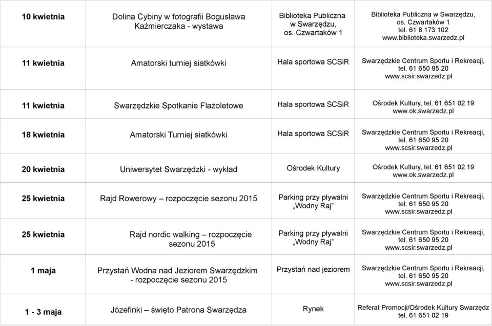 Turniej siatkówki Hala sportowa SCSiR 20 kwietnia Uniwersytet Swarzędzki - wykład Ośrodek Kultury Ośrodek Kultury, 25 kwietnia Rajd Rowerowy rozpoczęcie sezonu 2015 Parking przy