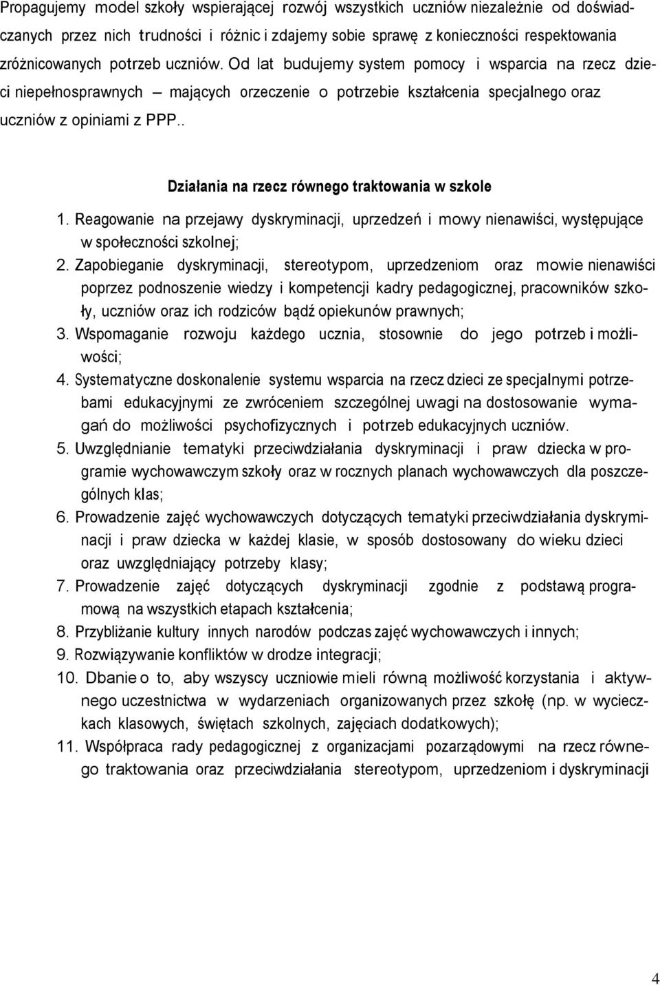 . Działania na rzecz równego traktowania w szkole 1. Reagowanie na przejawy dyskryminacji, uprzedzeń i mowy nienawiści, występujące w społeczności szkolnej; 2.